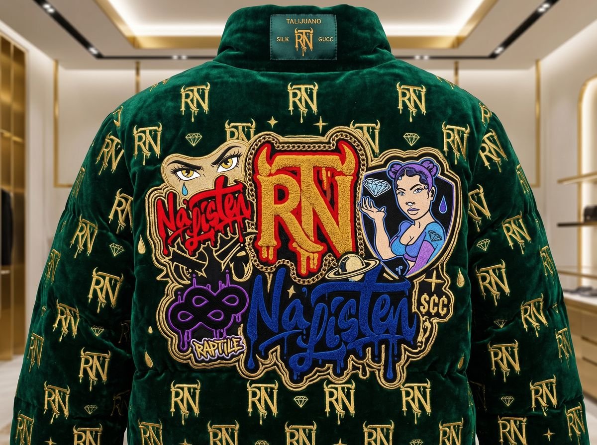 Black and gold bomber jacket with a colorful character patch on the back