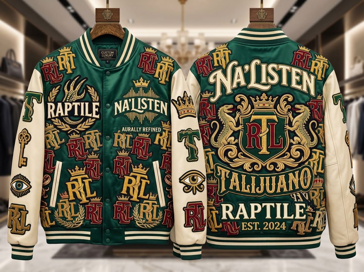 Green and cream varsity jacket covered in chenille patches, front and back