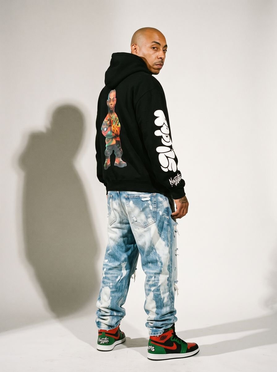 Man in a black hoodie and bleached jeans crouching against a white wall
