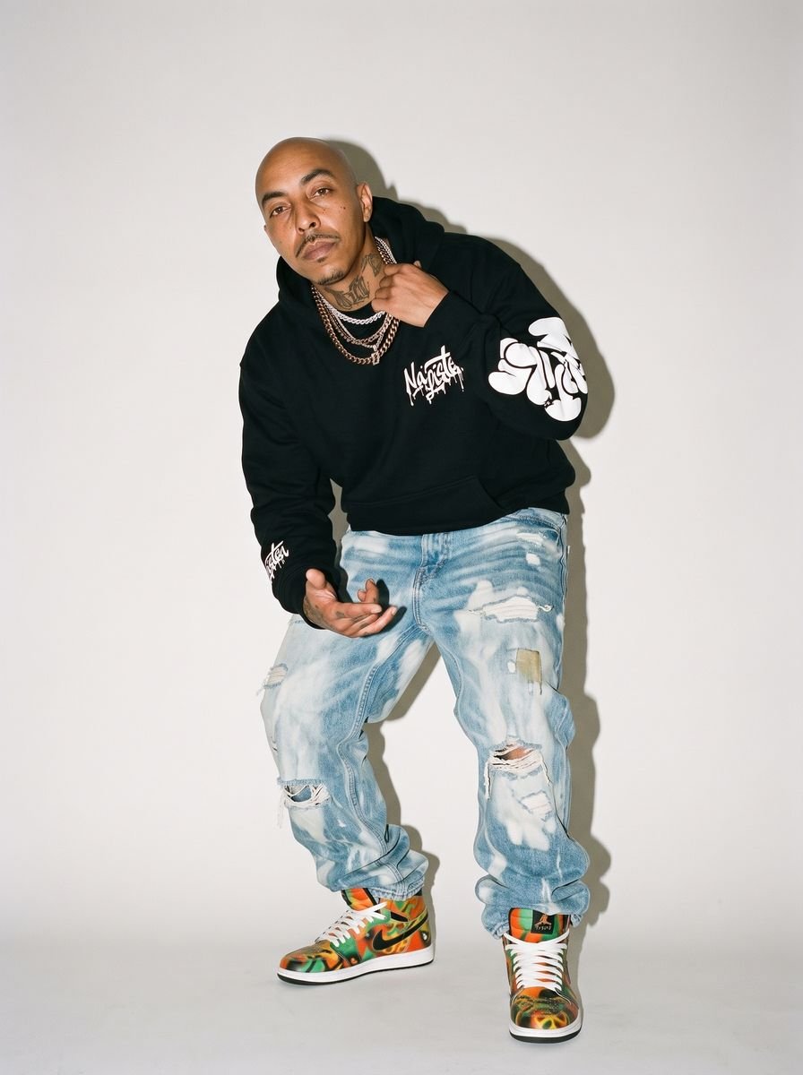 Black zip-up hoodie styled in a studio editorial