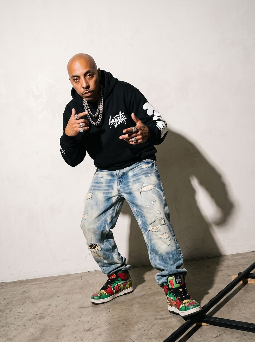 Black zip-up hoodie styled in a studio editorial