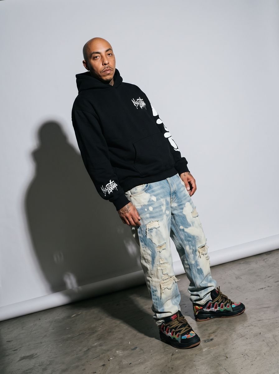 Black zip-up hoodie styled in a studio editorial