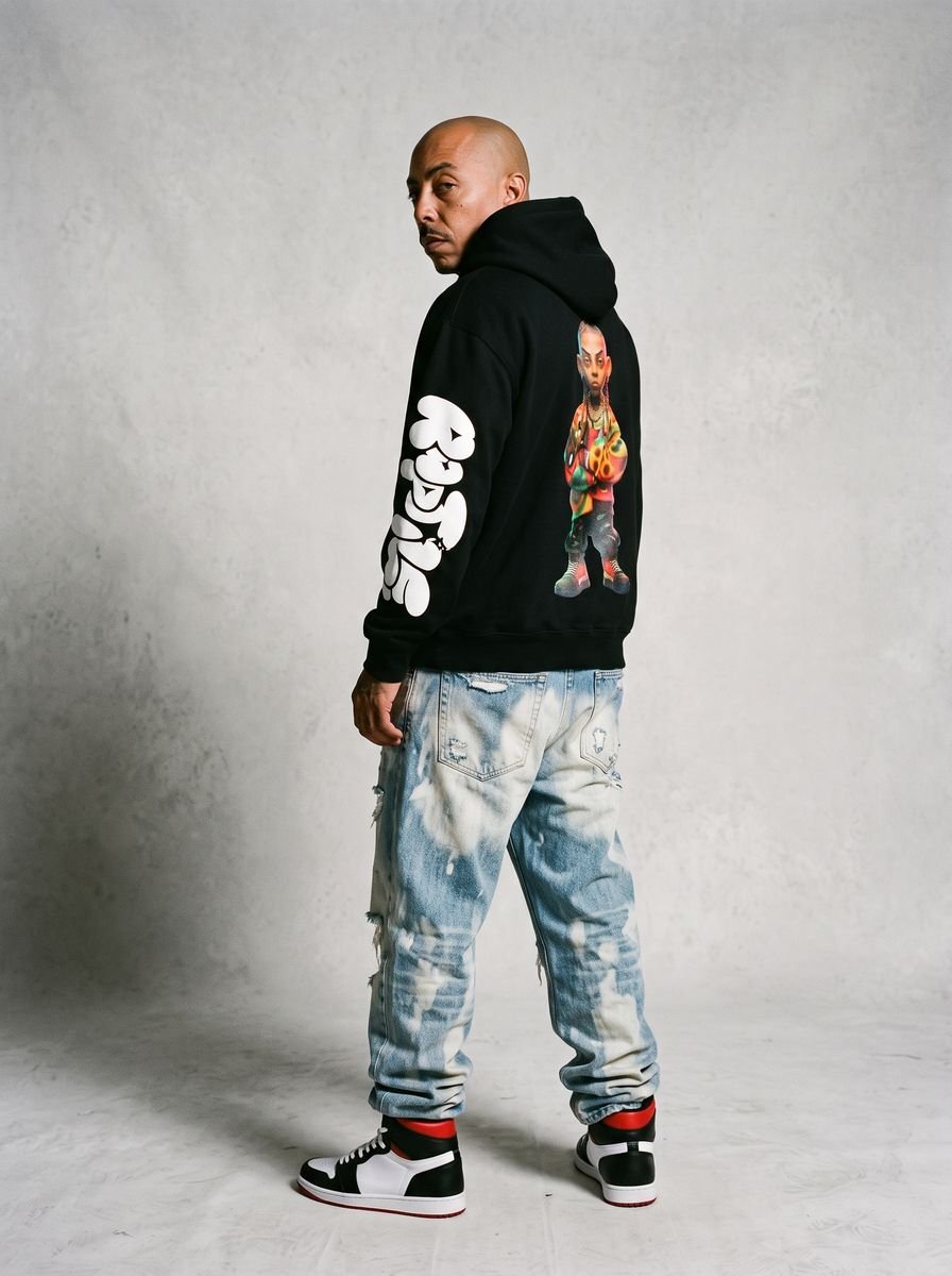 Black zip-up hoodie styled in a studio editorial