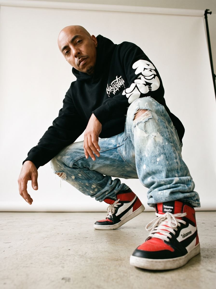 Man in a black hoodie and bleached jeans posing low with chains on