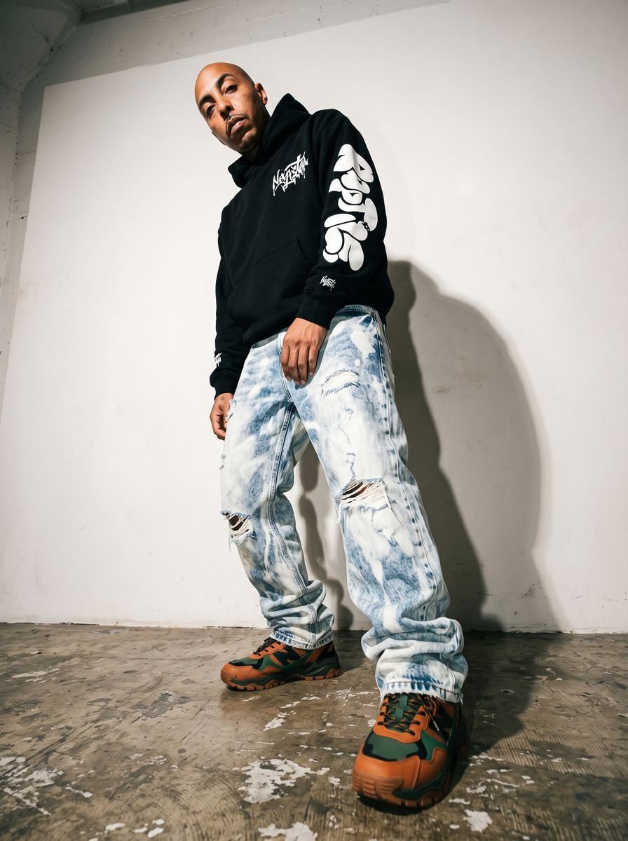 Full-length studio shot of a man in a black hoodie and distressed denim