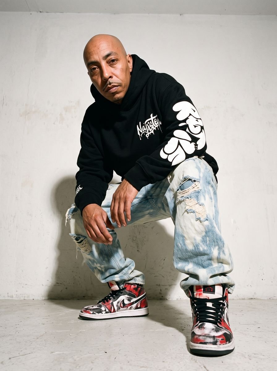 Man standing full length in a black hoodie and bleached distressed jeans