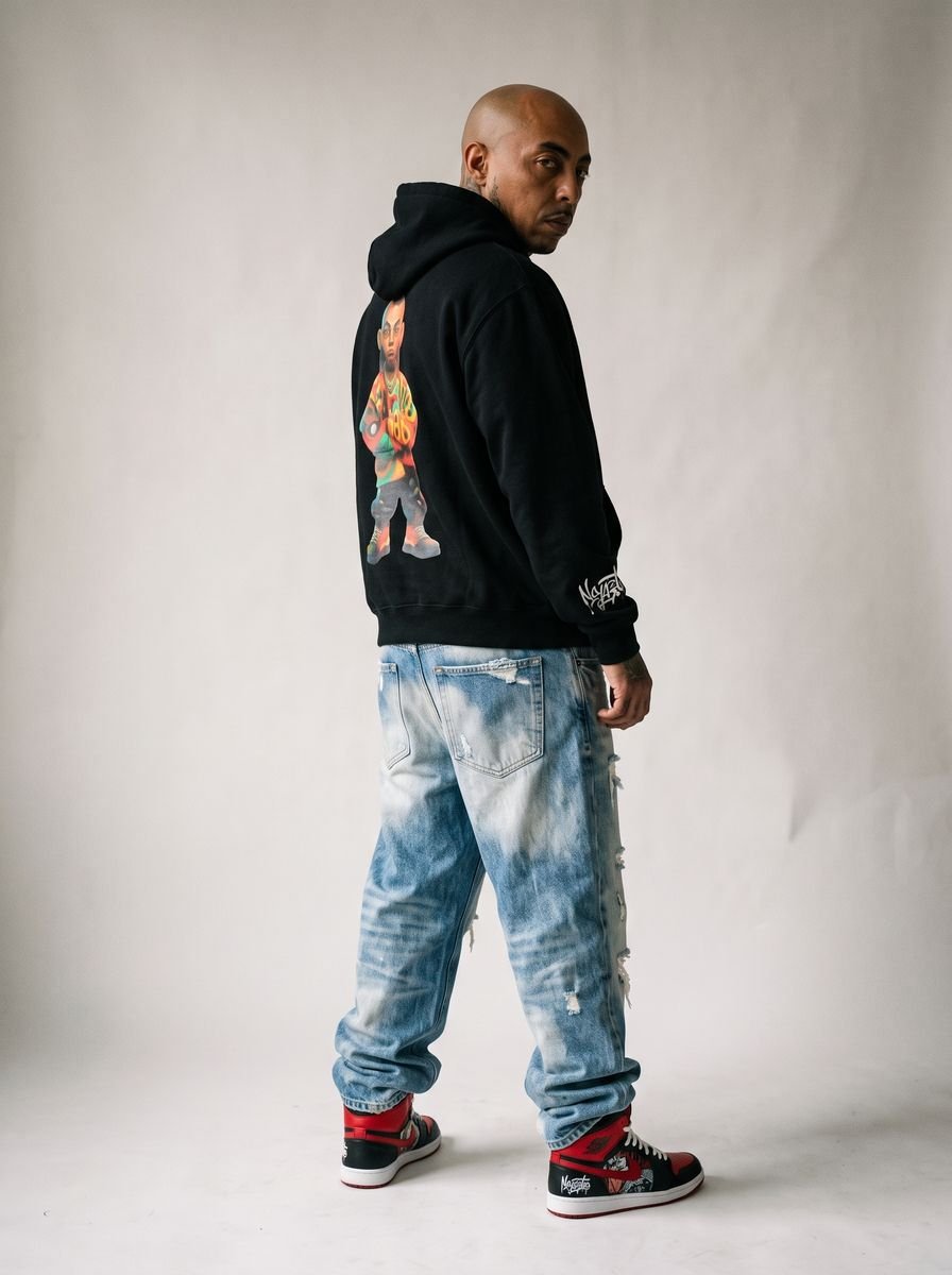 Black zip-up hoodie styled in a studio editorial