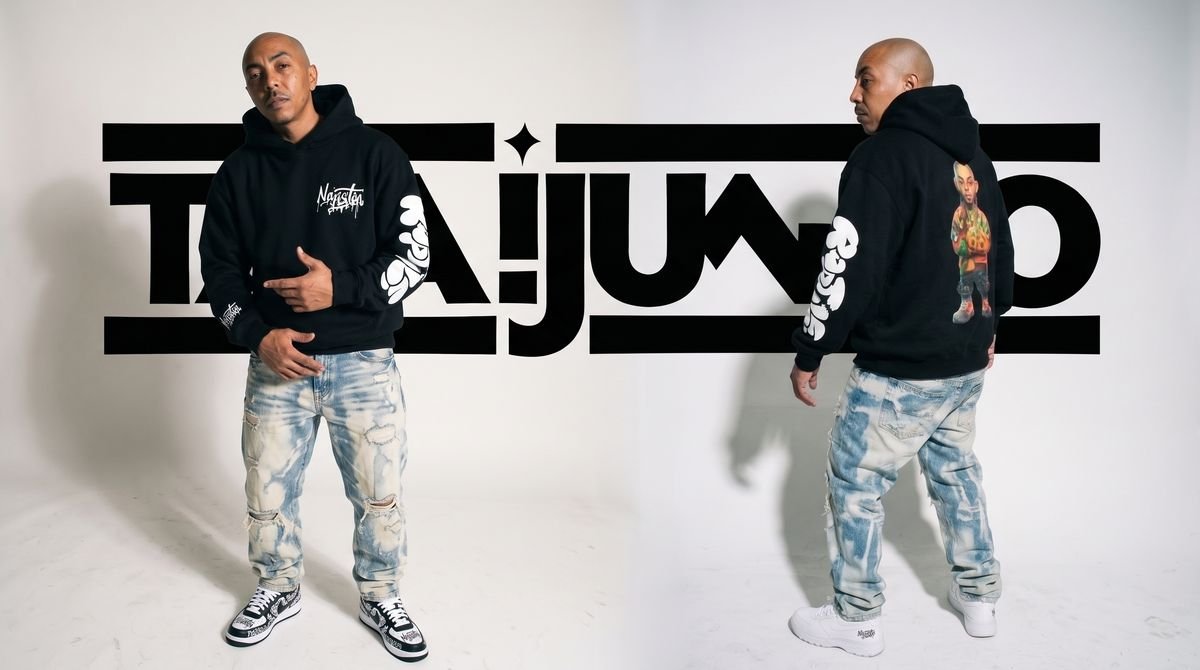 Black zip-up hoodie styled in a studio editorial