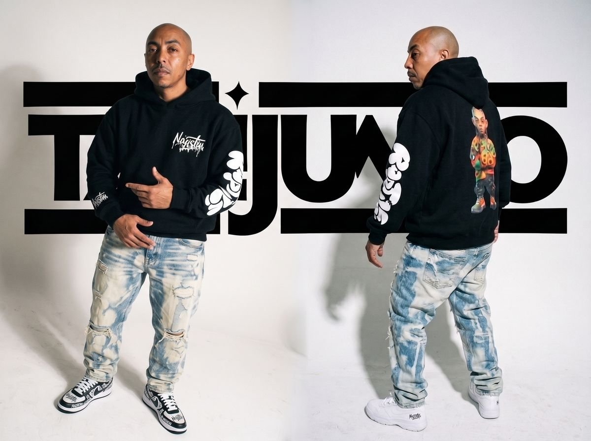 Black zip-up hoodie styled in a studio editorial