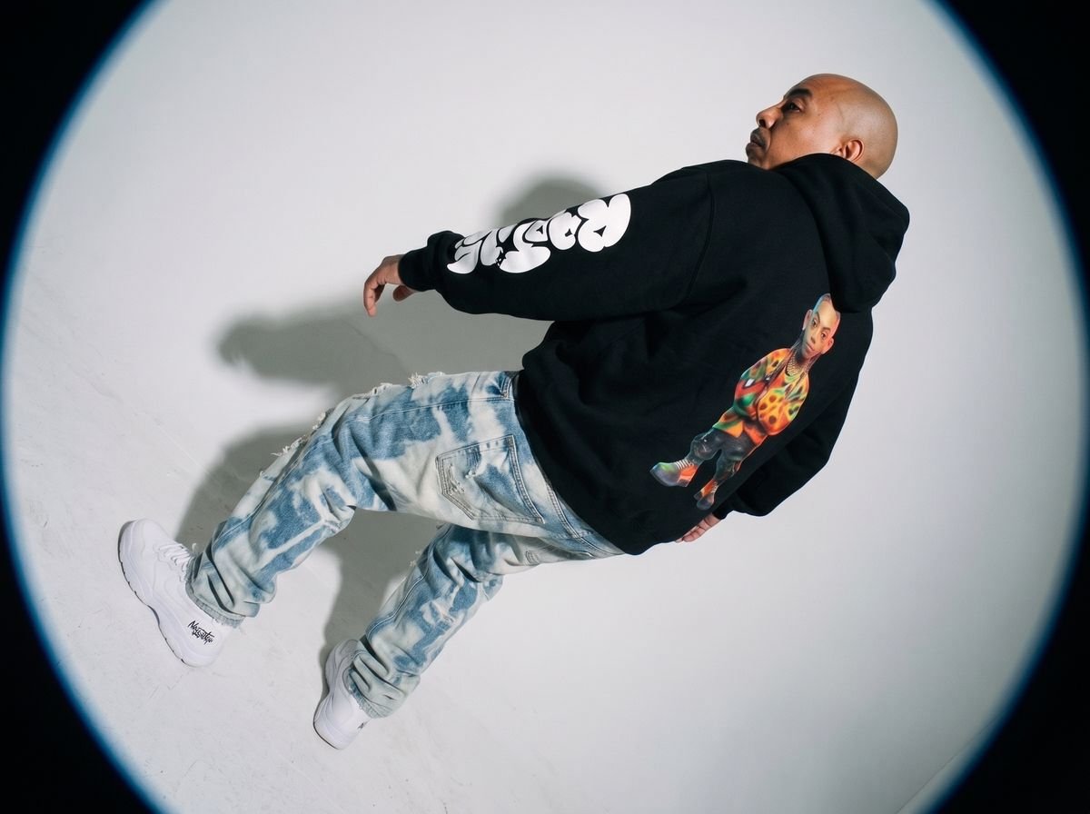 Black zip-up hoodie styled in a studio editorial