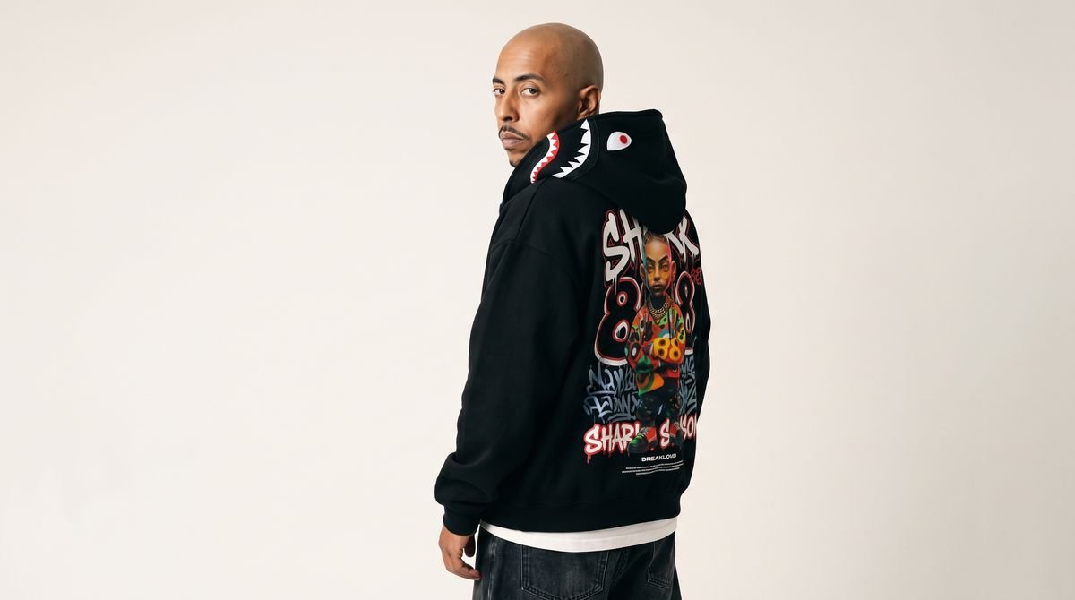 Man in a black hoodie seen from behind, colorful character print on the back