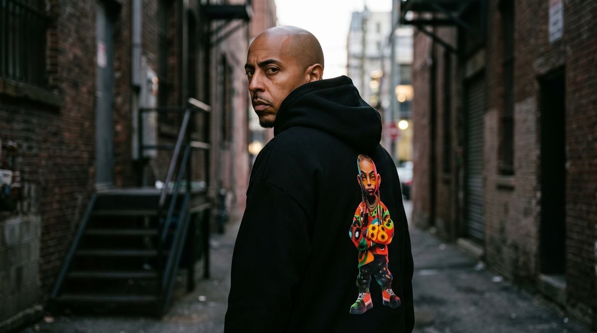 Black zip-up hoodie styled in a studio editorial